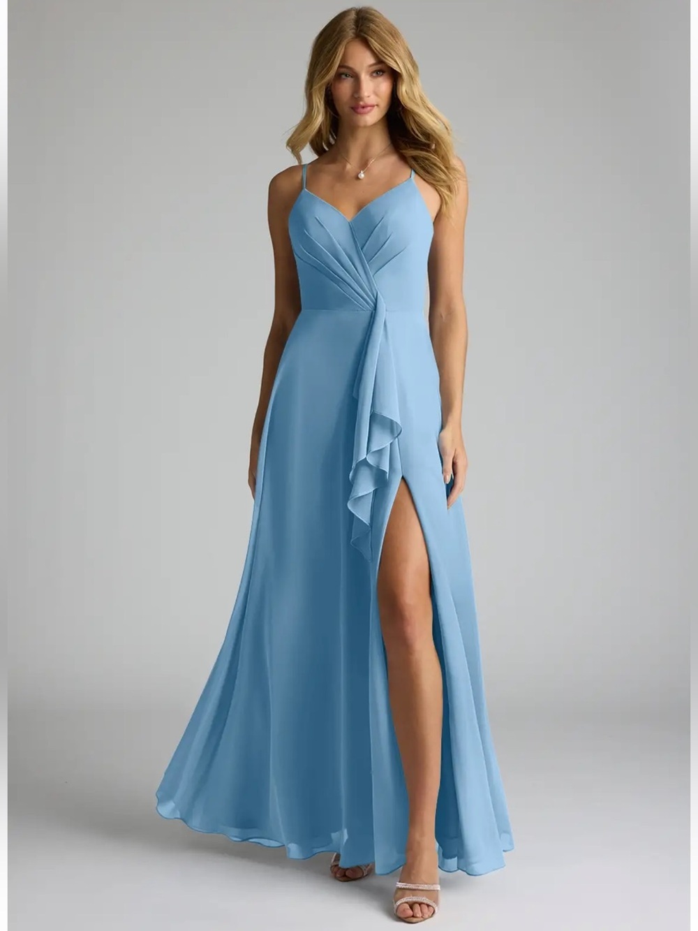Azazie Light Blue Strapless-Look Spaghetti Strap Maxi Dress